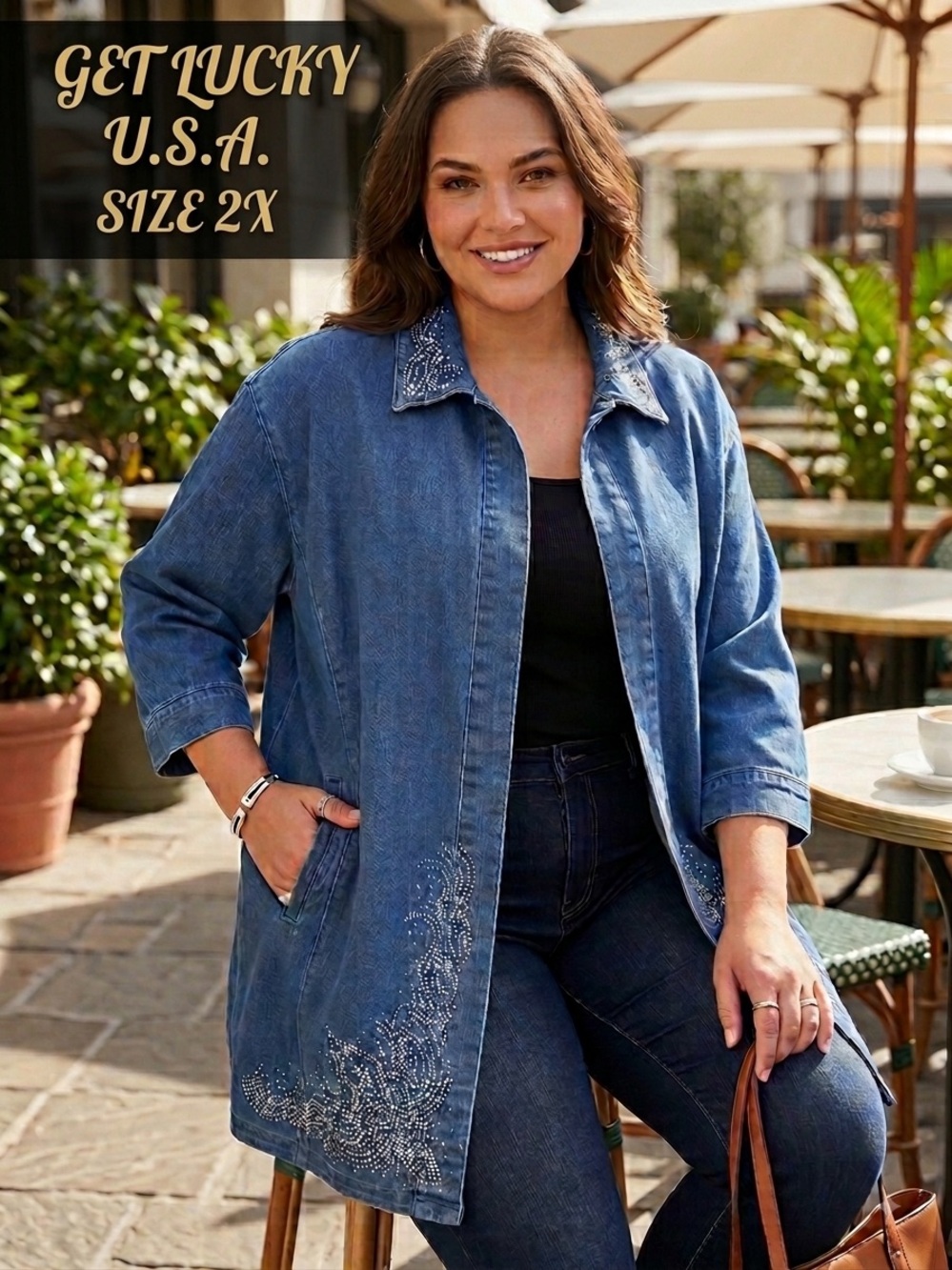 GET LUCKY U.S.A. Women’s 2X Blue Denim Rhinestone Open Jacket 3/4 Sleeve Tunic